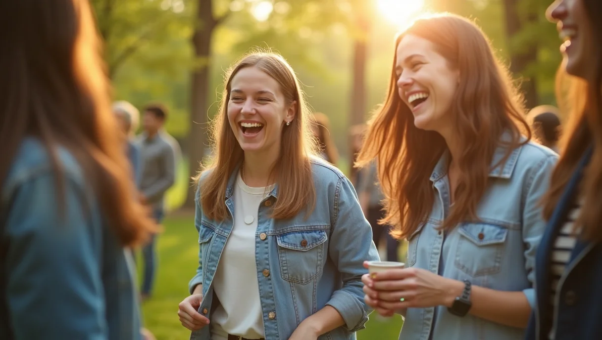 Pracownicy śmiejący się podczas wiosennej imprezy integracyjnej w parku