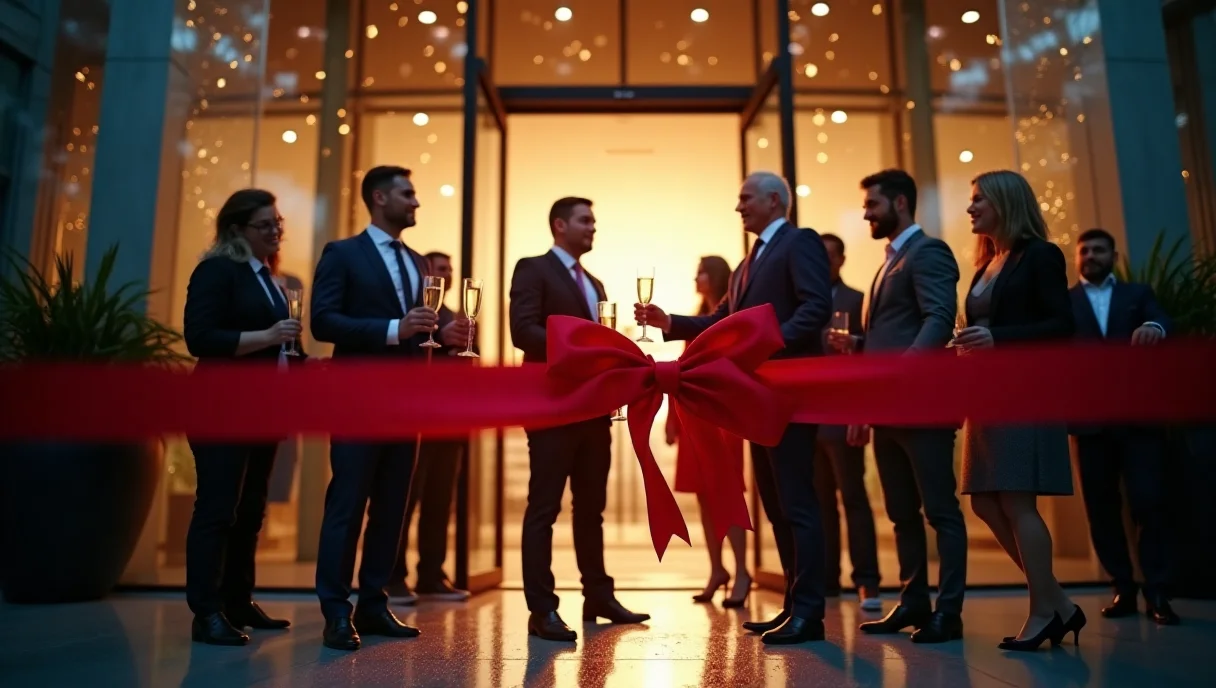 Uroczyste przecięcie wstęgi podczas otwarcia nowoczesnego biura firmowego