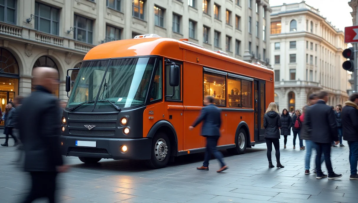 Mobilny showroom firmowy na ruchliwym placu miejskim podczas roadshow