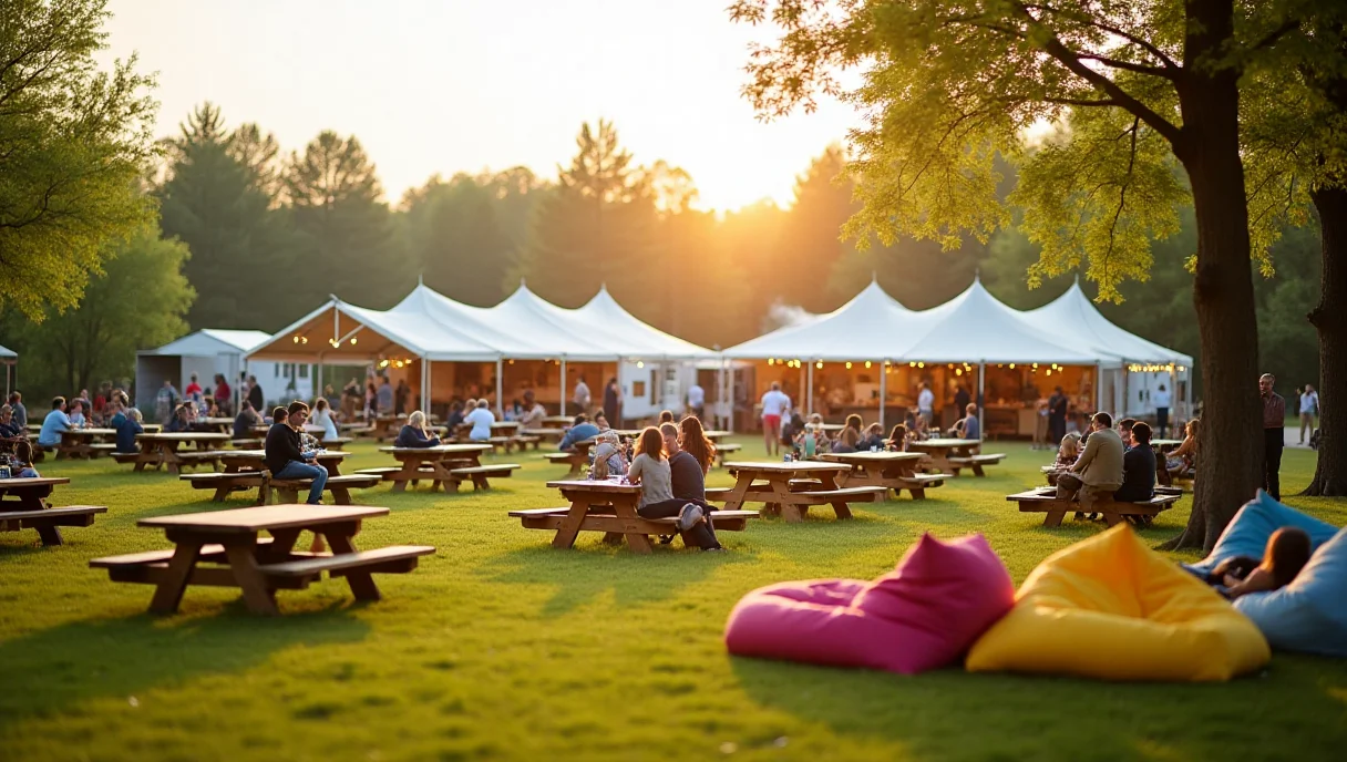 Piknik firmowy w plenerze – pracownicy przy stołach pod namiotami, food trucki, gry na trawie