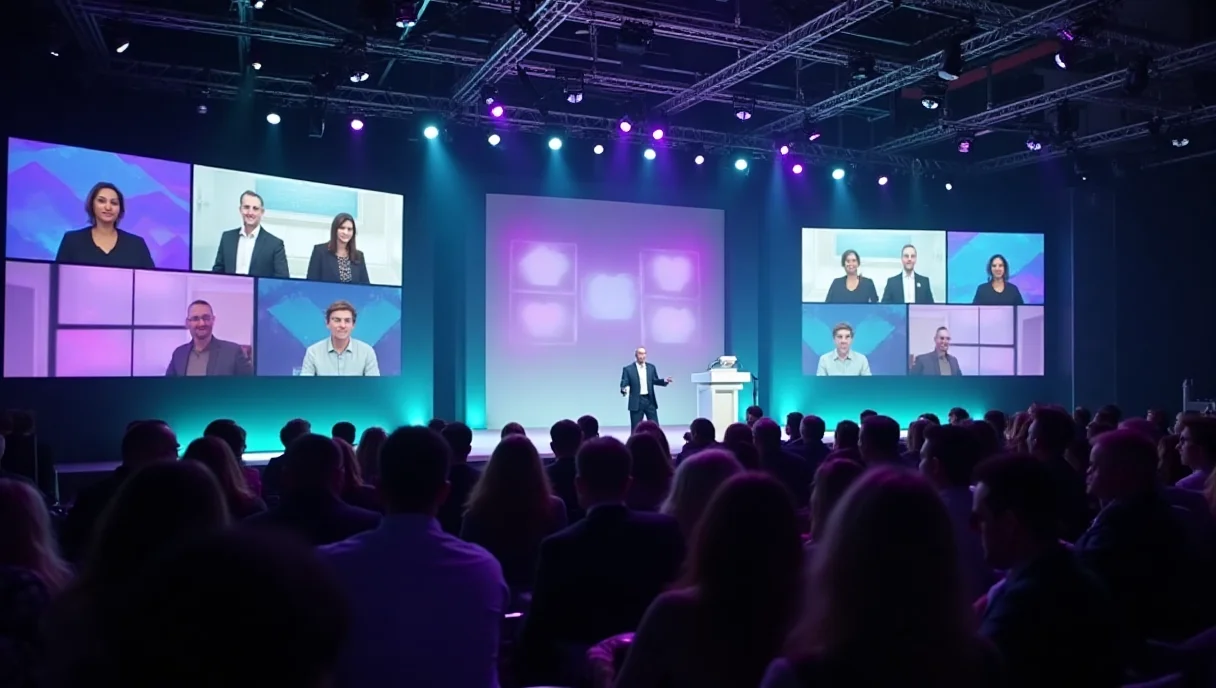 Event hybrydowy – nowoczesna scena z ekranami LED, prelegent, uczestnicy stacjonarni i online