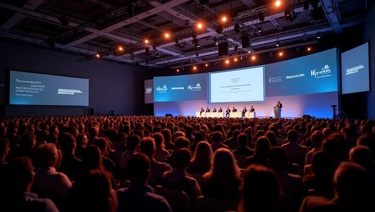 Kongres branżowy – panel dyskusyjny na scenie, pełna sala delegatów, ekran LED z agendą